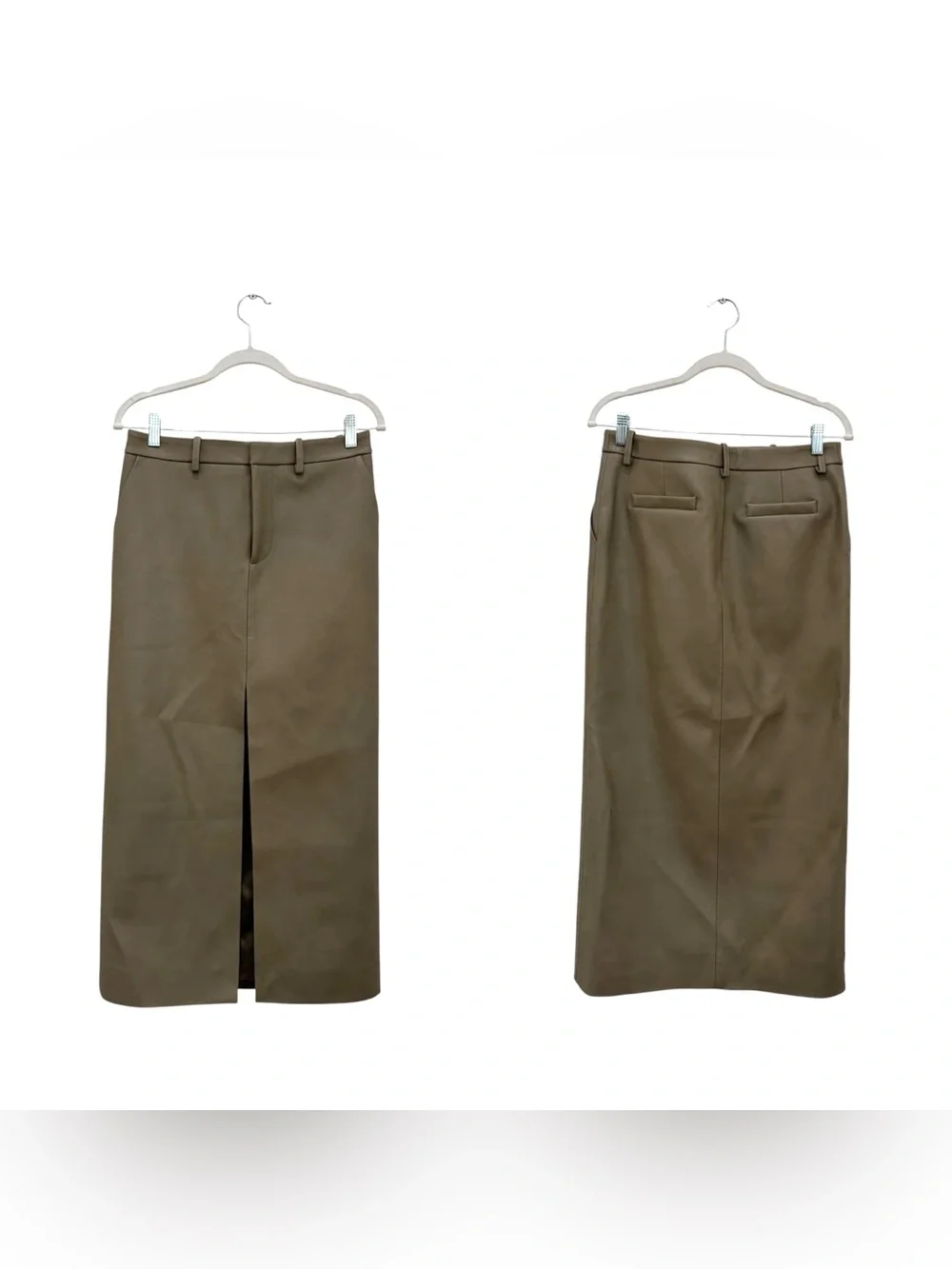 NWT The Frankie Shop Maybelle Faux Leather Maxi Skirt with Front Slit in Olive - Picture 11 of 16